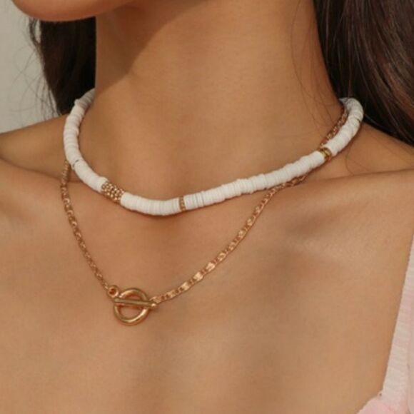 Fashion Jewelry Jewelry - Faux Puka Bead Choker Necklace & Gold Tone Buckle Chain